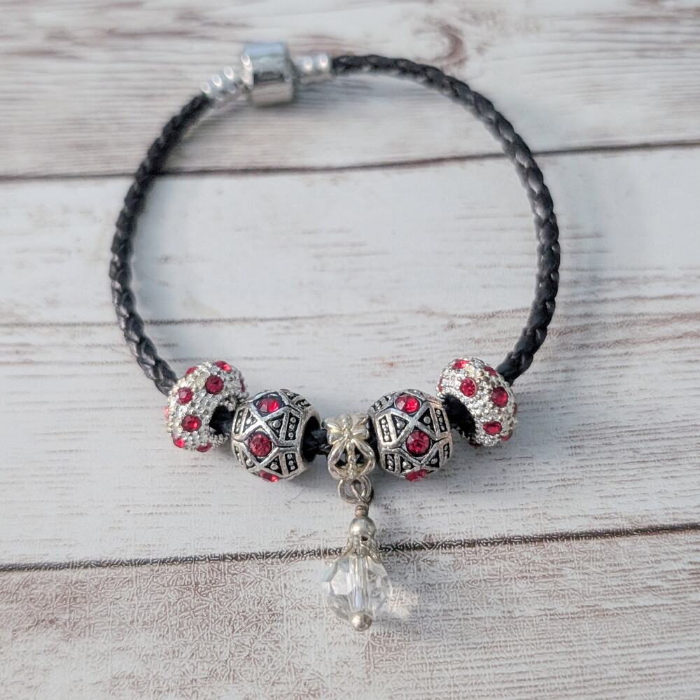 Red & Silver Tone Charm Bracelet with Black Cord